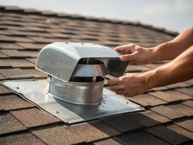Burrillville Dryer Vent Cleaning certified technician safely cleaning a roof-mounted dryer vent in Burrillville