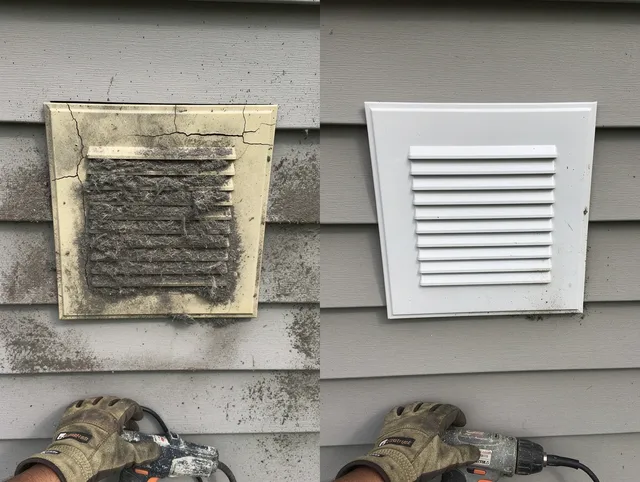 Burrillville Dryer Vent Cleaning technician installing high-quality dryer vent cover at a residential property in Burrillville