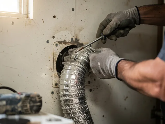 Burrillville Dryer Vent Cleaning technician performing precise dryer vent hose installation in Burrillville